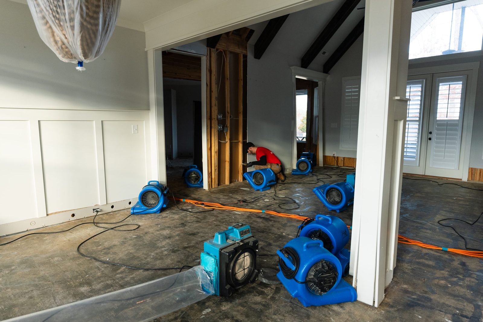 Water damage restoration project with air movers